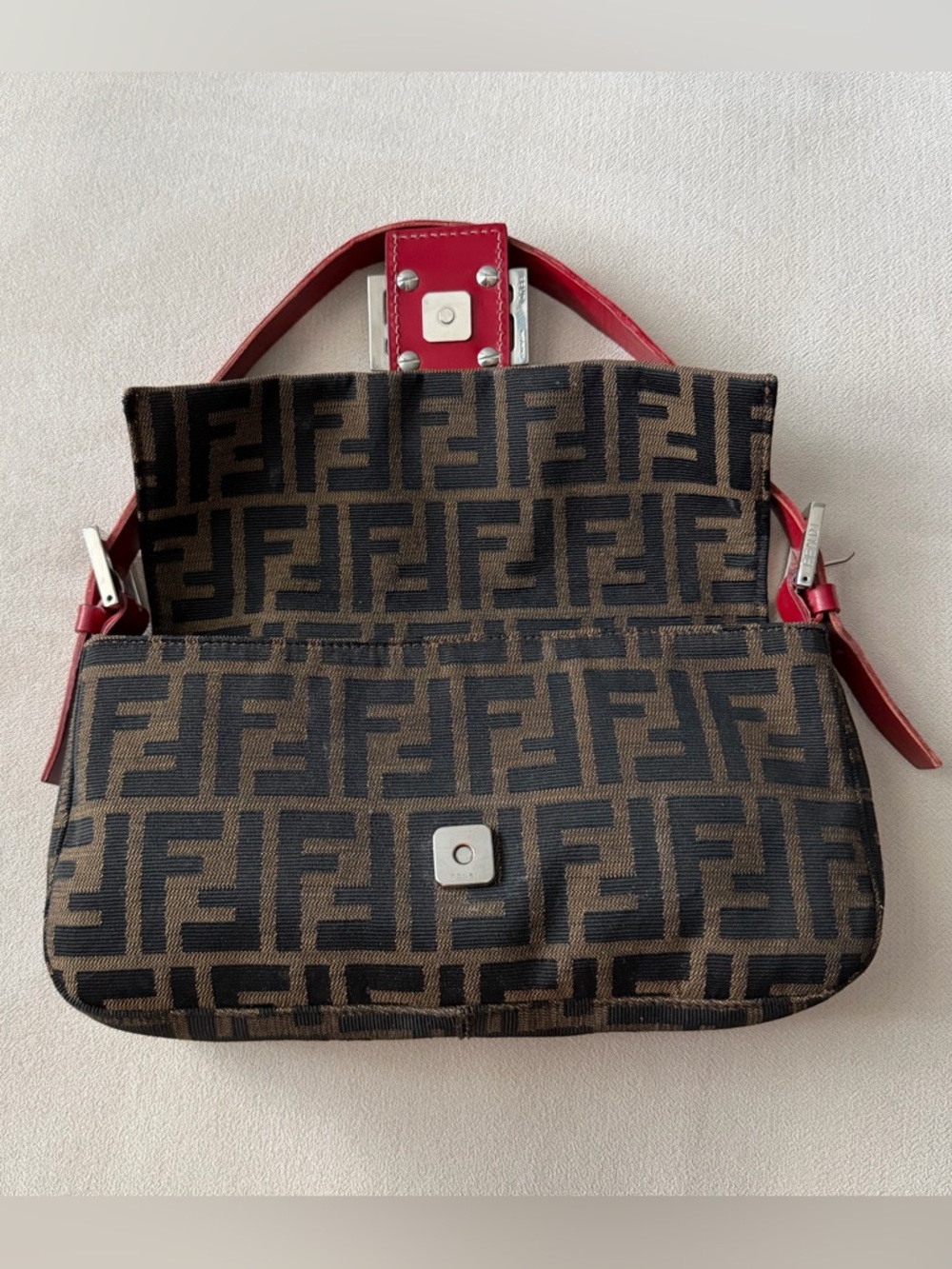 Fendi Red Leather Zucca Baguette - Picture 2 of 8